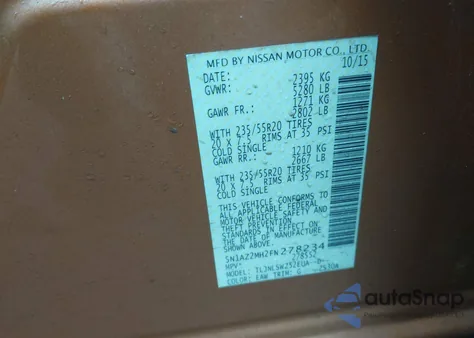 2015 Nissan Murano Platinum из США, поврежденный, VIN 5N1AZ2MH2FN278234